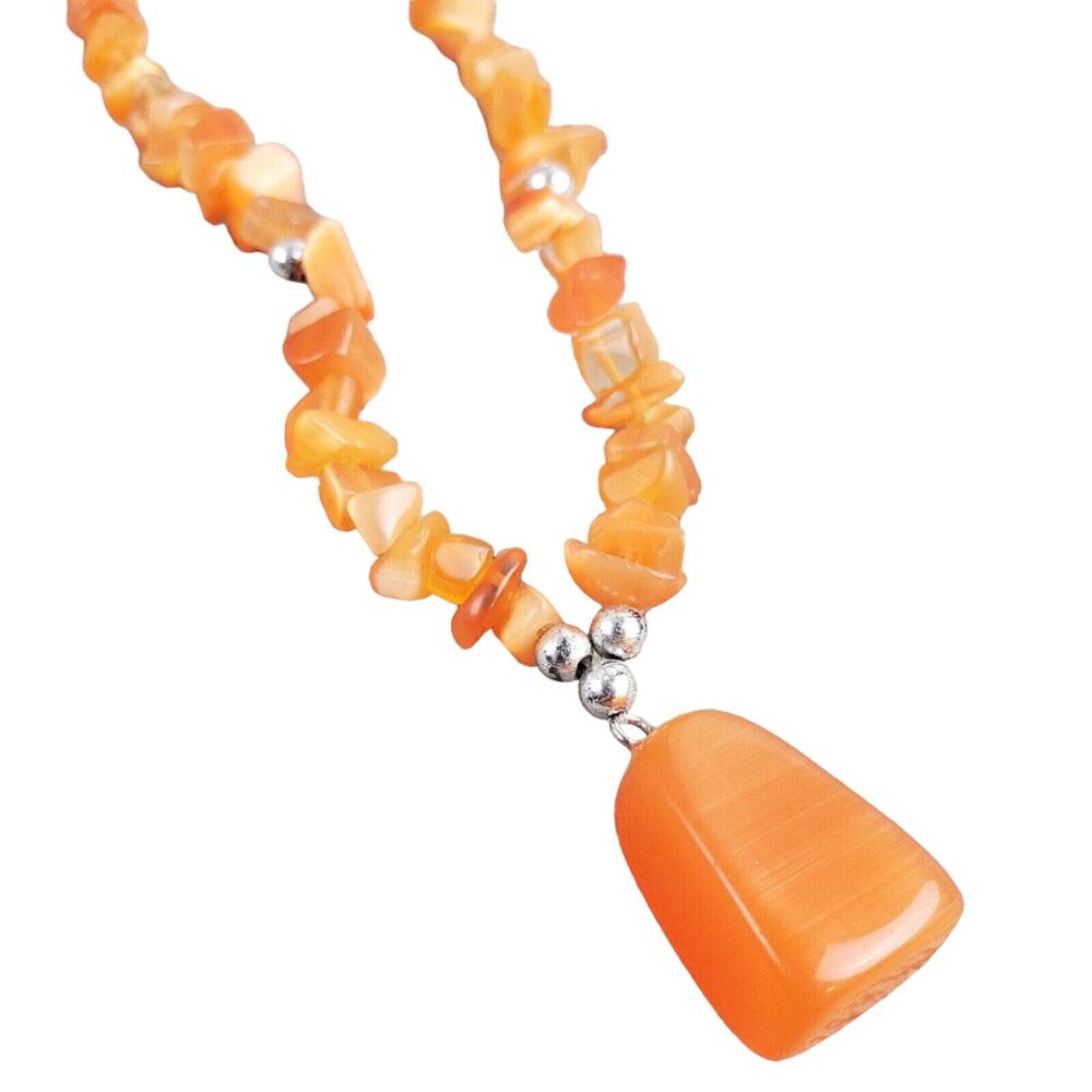 Genuine Semi Precious Necklace Orange Cat Eye Bead Adult's 10" Silver Tone Clip